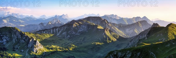 Panorama from Mount Gantrisch, sunset over the Bernese and Fribourg Pre-Alps, Canton of Bern, Switzerland