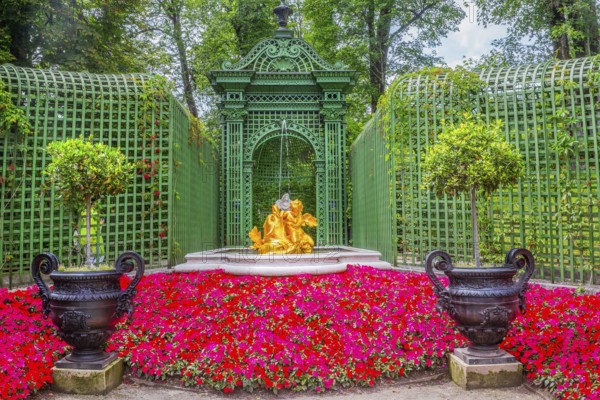 Baroque garden parterre on the west side of Linderhof Palace, Ettal, Ammertal, Upper Bavaria, Bavaria, Germany, UNESCO World Heritage Site