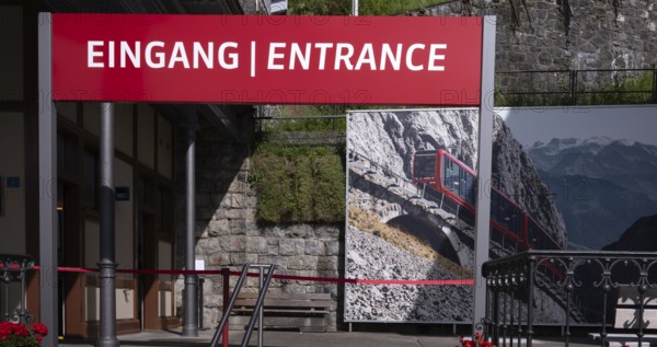 Pilatus railway, the world's steepest cogwheel railway from Alpnach to Mount Pilatus, entrance, Alpnachstad valley station, Canton Lucerne, Switzerland