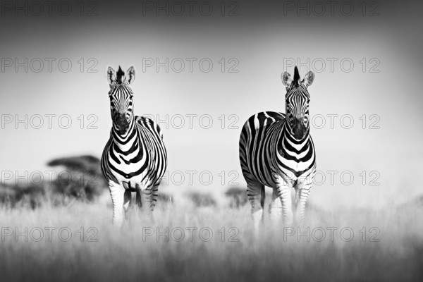 Zebra with clear sky. Black and white art photo. Burchell's zebra, Equus quagga burchellii, Nxai Pan National Park, Botswana, Africa. Wild animal on the meadow. Wildlife nature, African safari