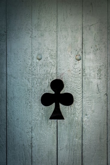 A black club symbol is prominently displayed on a weathered blue wooden door. The door's texture and color add a rustic charm, enhancing the overall visual appeal