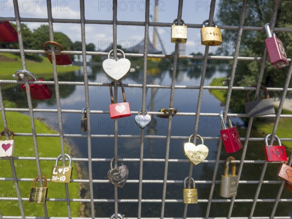 Love locks in the Olympic Park, Munich, Bavaria, Germany