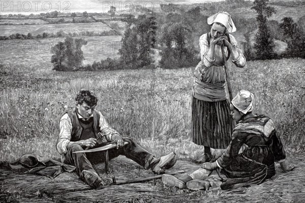 Agriculture, Farmer cutting grass in the field, the man is dening, sharpening, a scythe, 1880, France, Historical, Digitally restored reproduction from a 19th century original, Record date not stated