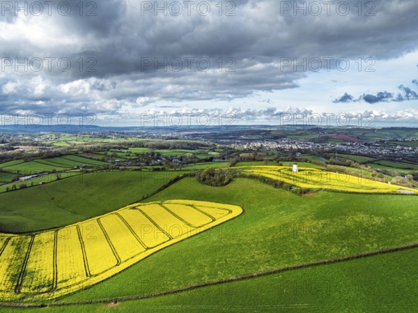 Rapeseed fields and Farms over Devon Windmill from a drone, Torquay, Devon, England, United Kingdom