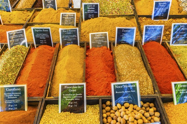 Spices on a stall at the Whitsun market in Portoferraio, Elba Island, Tuscan Archipelago National Park, Tuscany, Italy