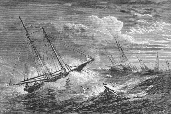 Weathering a storm, on the shores of Newfoundland, c. 1870, Canada, digital reproduction of a historical original