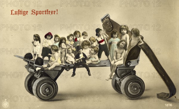Children on a roller skate, 1920s, Children on an oversized toy wagon, imaginative and funny, old postcard, historical photo