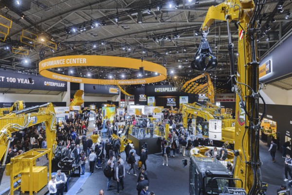 Construction machinery from the US company Caterpilar. BAUMA Munich, 34th World's Leading Trade Fair for Construction Machinery, Building Material Machines, Mining Machines, Construction Vehicles and Construction Equipment. In 2025, the trade fair will attract around 600, 000 visitors from more than 200 countries and regions and 3601 exhibitors. Open-air area with exhibits from Liebherr. Munich, Bavaria, Germany