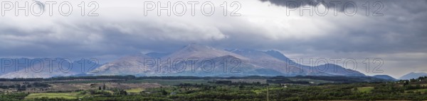 Panorama of Nevis Range Mountains from Commando Memorial, Grampian Mountains, Fort William, Highland, Lochaber, Scotland, UK
