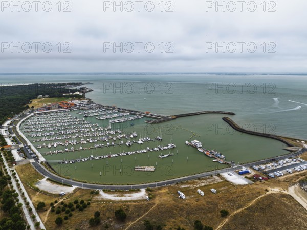 Marina in Le Verdon-sur-Mer from a drone, Nouvelle-Aquitaine, Gironde, France, EuropeLe Verdon-sur-Mer, Nouvelle-Aquitaine, Gironde, France, Europe