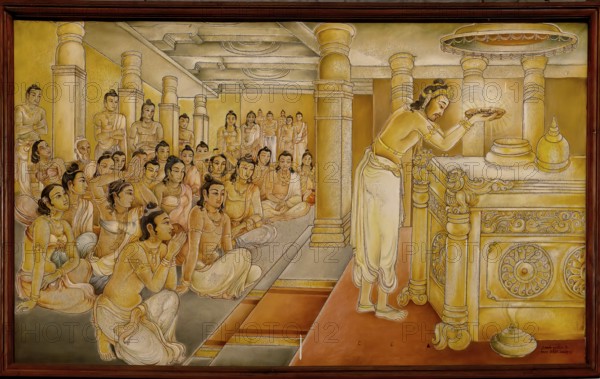 Temple of the sacred Tooth Relic or Sri Dalada Maligawa, Painted panel depicting the history of the Sacred Tooth Relic, New Shrine room or Alut Maligawa ceiling, Kandy, Sri Lanka