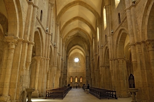 Nave, choir with altar, interior, Gothic basilica of the Cistercian abbey of Fossanova Monastery, Cistercian-Burgundian architectural style, Priverno, Province of Latina, Lazio, Italy