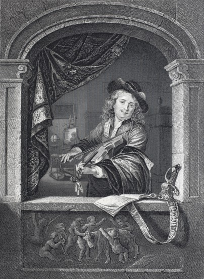 Gerard Dou, Gerard Dow, b. 7 April 1613, d. 9 February 1675, Dutch Baroque painter, here as a violinist, historical, digitally restored reproduction of a 19th century original