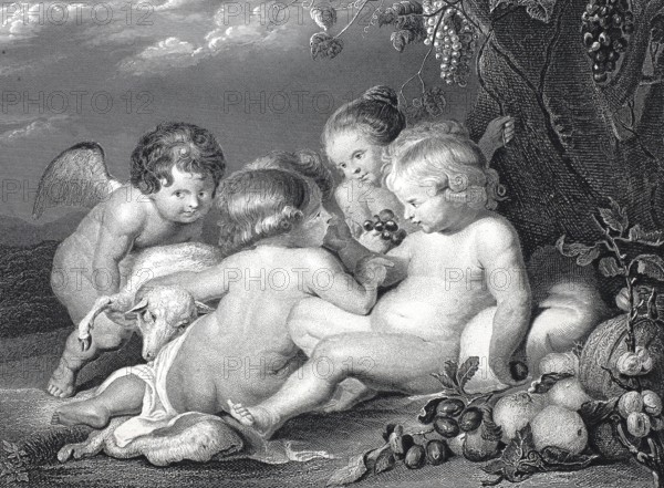 Christ and John as children, steel engraving after a painting by Rubens, historical, digitally restored reproduction of a 19th century original
