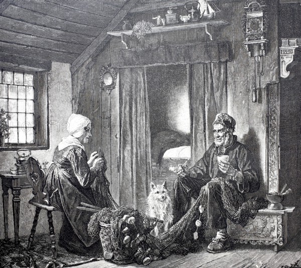 Happy old age, an old couple in their home, fishermen, repairing the net, at home, around 1869, Holland, Historical, digitally enhanced reproduction of a 19th century original