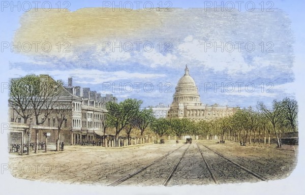 The Capitol in Washington D.C. in the 1870s, America, digital reproduction from American Pictures, drawn with pen and pencil, coloured, by Samuel Manning, published circa 1880, Historical