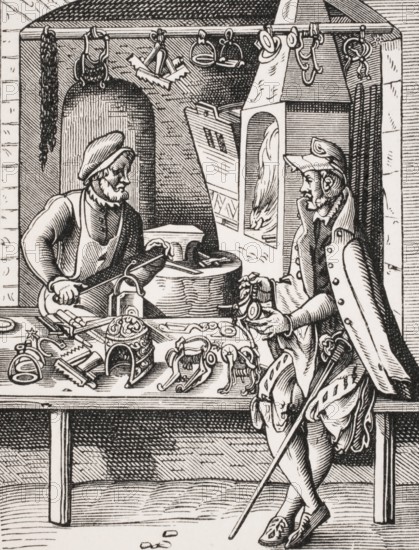 Spore maker. Reproduction of a woodcut from the 16th century by Jost Amman from the 19th century, digital reproduction of a historical model