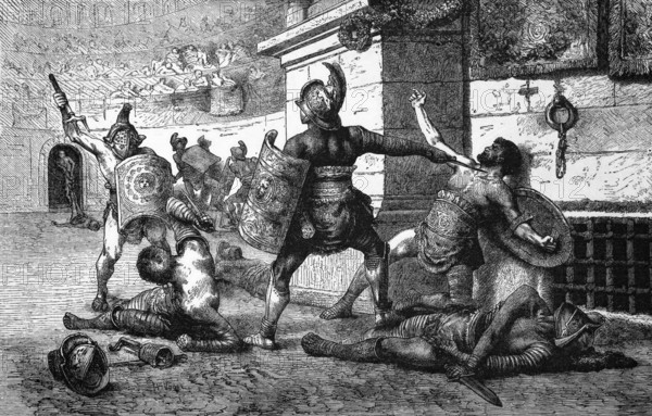 A defeated gladiator appeals to the crowd during a gladiator fight, Italy, digital reproduction of a historical model