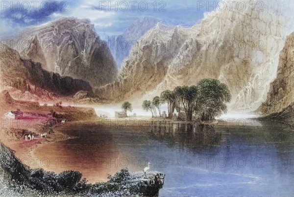Gougane Barra Lake, County Cork, Ireland, from the Landscape and Antiquities of Ireland, 1841, digital reproduction of a historical model