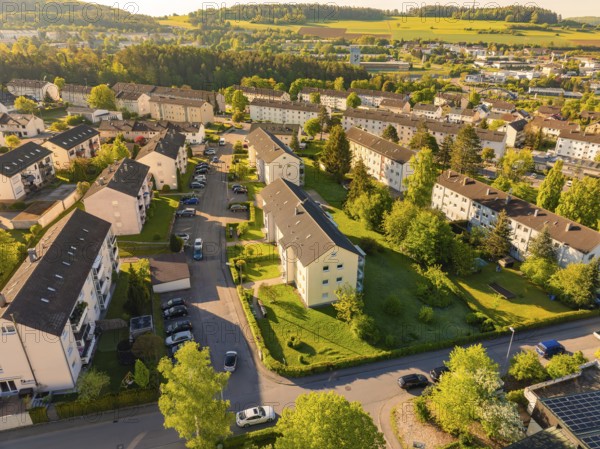 View of a spacious residential area with green spaces and surrounding landscape, Calw, Black Forest, Germany
