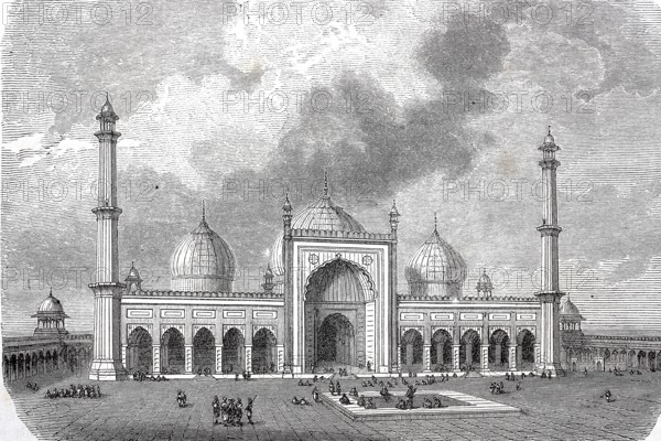 Entrance gate to Jama Masjid Delhi the largest and oldest mosque in India built by Grand Mughal Shah Jahan in 1656, India, digitally enhanced reproduction of a 19th century model, historical