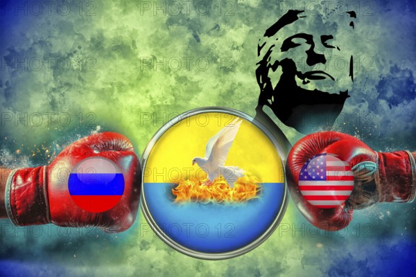 Symbolic image, boxing gloves with USA and Russia flag for Ukraine war, dove of peace in the fire, President Trump's erratic decisions, three years of war, commodity blackmail, global crises, tariffs, share prices on the slide, euro, euro exchange rate, exchange rates, dollar parity, financial investment, recession worries, inflation, exports, commodities and primary products in dollars, oil in dollars, world crisis, Germany, loss of democracy, autocracy, China, Russia