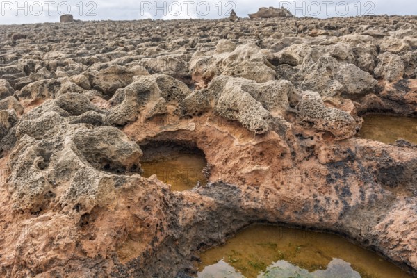 A rocky area with a hole in the ground. The hole is filled with water. The water is brown in colour. Rabat, Morocco