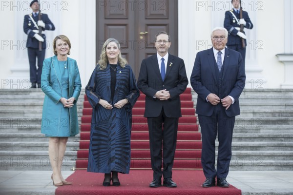 Elke Büdenbender (woman of the Federal President), Michal Herzog (woman of the President of the State of Israel), Isaac Herzog (H.E. the President of the State of Israel) and Frank-Walter Steinmeier (President of the Federal Republic of Germany) arriving at the festive dinner to mark the 60th anniversary of the establishment of diplomatic relations between the Federal Republic of Germany and the State of Israel at Bellevue Palace on 12 May 1965. The dinner, hosted by Federal President Frank-Walter Steinmeier and First Lady Elke Büdenbender, will also be attended by the President of the State of Israel Isaac Herzog and his woman Michal Herzog. Berlin, 12.05.2025