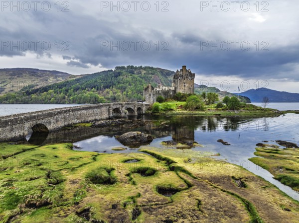 Eilean Donan Castle and Loch Duich from a drone, Isle of Skye, Highlands, Scotland, England, United Kingdom