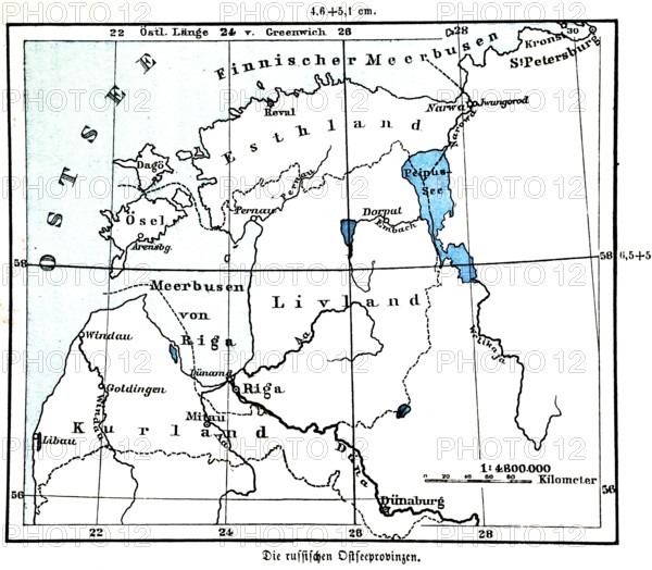 Russian Baltic Sea provinces, historical geographical map, topography, Estonia, Latvia, Lithuania, Courland, Riga, St. Petersburg, Lake Peipus, Gulf of Finland, borders, border area, conflict, territorial claim, political situation, latitude and longitude, scale, distance in kilometres, Seydlitz Geography 1885