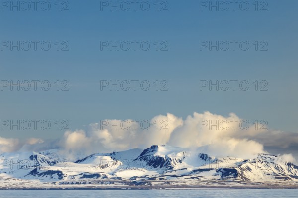 Mountain range, snow, sea, Spitsbergen, Svalbard