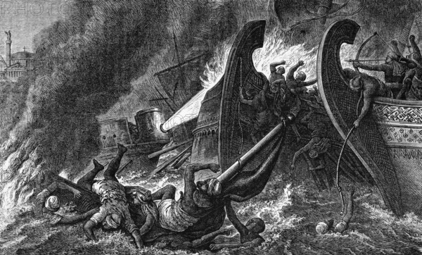 Ships destroyed by Greek fire, which were used to great effect against the Muslim fleets and helped to fend them off during the first and second Arab siege of Constantinople in 672 AD, digital reproduction of a historical model