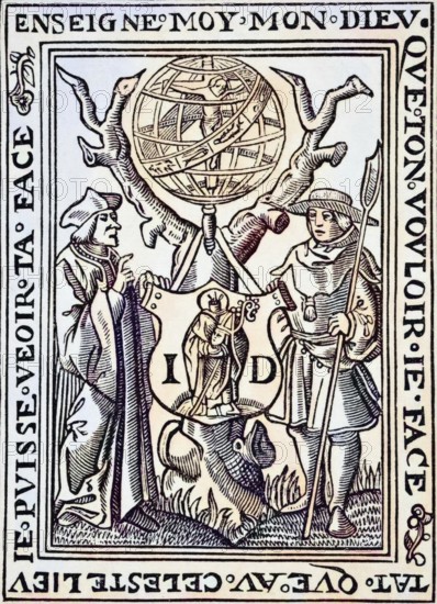 The Marque of Jehan St Denis, Parisien, bookseller of science and literature in the Middle Ages by Paul Lacroix, coloured, published in London 1878, digital reproduction of a historical original