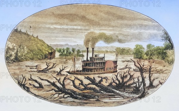 Paddle steamer on the upper Missouri in the 1870s, America, digital reproduction from American Pictures, drawn with pen and pencil, coloured, by Samuel Manning, published circa 1880, Historical