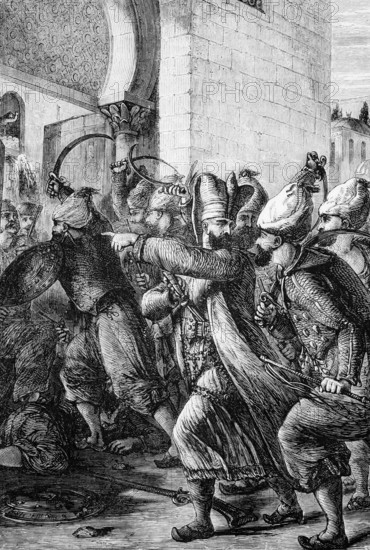 The attack by the supreme black eunuch named Nezir and his men on the Seraglio and the palace in Constantinople in 1807, in which Selim III, the reform-minded Sultan of the Ottoman Empire from 1789 to 1807, was murdered, digital reproduction of a historical model