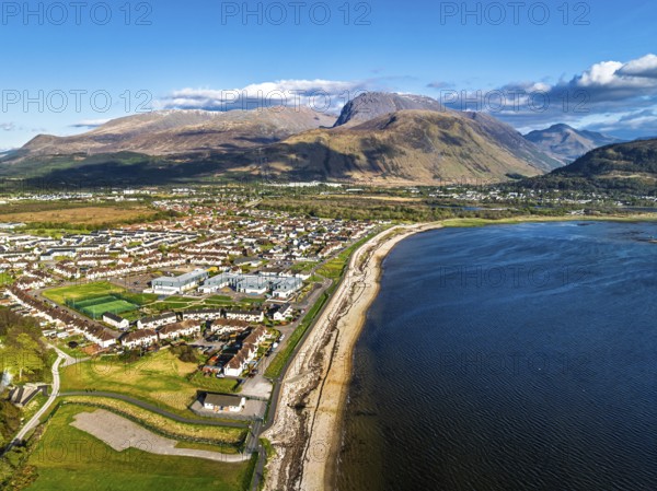 View of Caol Beach and Nevis Range Mountains from a drone, Corpach, Fort William, Highland, Scotland, United Kingdom