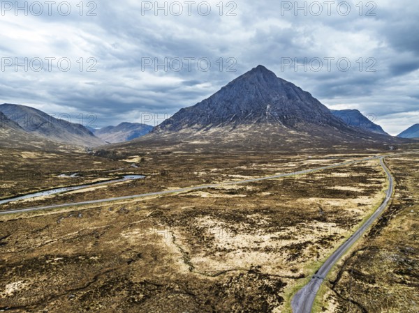 Mountains and Moors over Buachaille Etive Mòr from a drone, The Buachaille, Glen Etive, Highlands, Scotland, United Kingdom