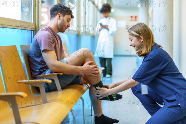 Young man sitting in a hospital waiting area receives assistance from a nurse who is putting a compression sock on his leg