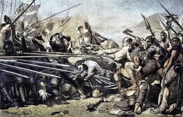Battle of Sempach, Conflict between the Habsburgs and the Swiss during the Swiss Habsburg War, Canton of Lucerne, Switzerland, Illustration, published 1890, Reproduction, digitally enhanced, Historical