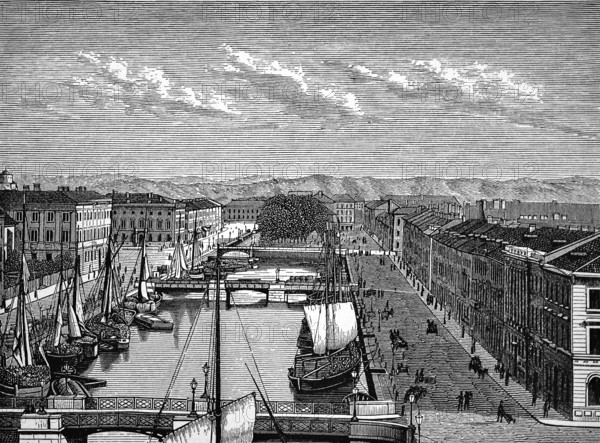 Old town of Gothenburg at the river Göta älv, wide promenade, bridges, numerous cargo ships, sailing ships, mountain range, Sweden, historical illustration 1896