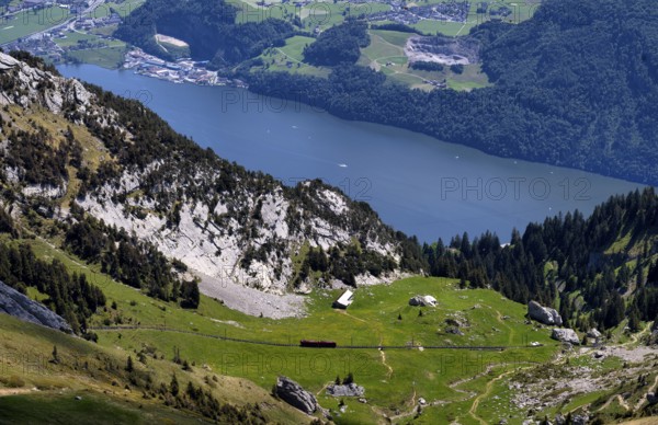 Pilatus railway, the world's steepest cogwheel railway from Alpnach to Mount Pilatus, with Lake Lucerne behind, Canton Lucerne, Switzerland