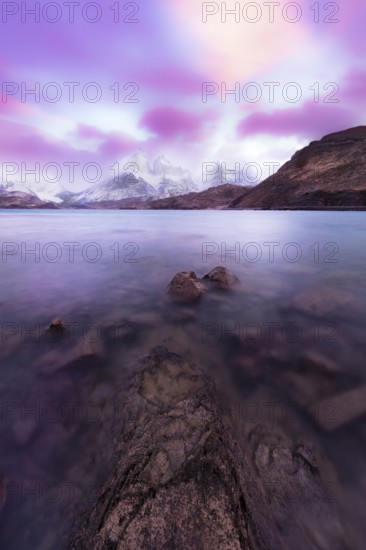 Sunset over the mountains in Torres del Paine National Park in Chile