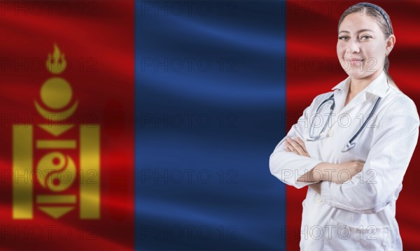 Female doctor on Mongolia flag. Doctor with crossed arms on Mongolia flag. Mongolia health and care concept