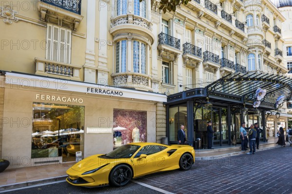 Luxury car and luxury hotel, Monte Carlo, Cote d'Azur, Monaco