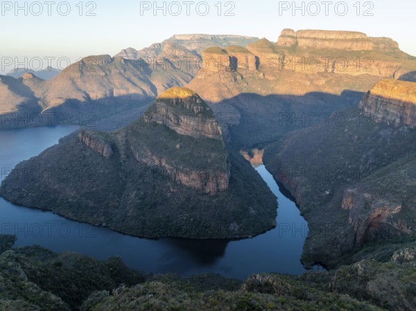 Sunset, Blyde River Canyon with Three Rondawels peak, view of gorge with Blyde River and Table Mountains, canyon landscape, Panorama Route, Mpumalanga, South Africa