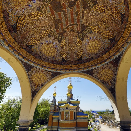 View from the pavilion with artistic mosaic of the Russian Chapel, Mathildenhöhe, UNESCO World Heritage Site, Darmstadt, Hesse, Germany