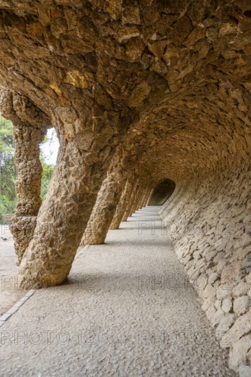 Colonnaded footpath, Park Gueell, Antonio Gaudi architect, Unesco World Heritage Site, Gracia District, Barcelona, Catalonia, Spain