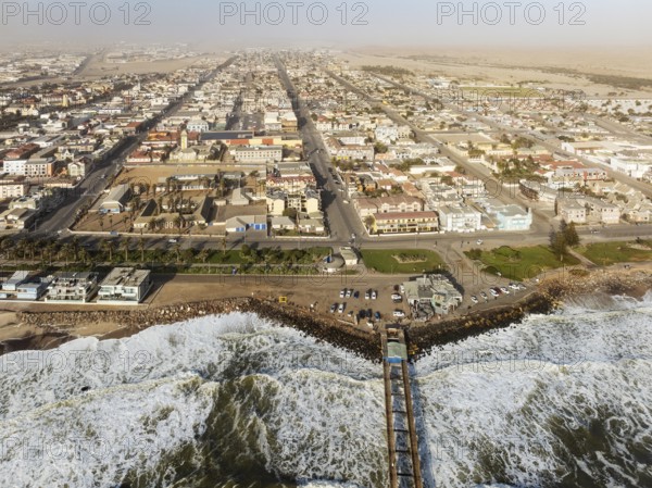 The coastal town of Swakopmund between Namib Desert and Atlantic Ocean. Aerial view. Namibia