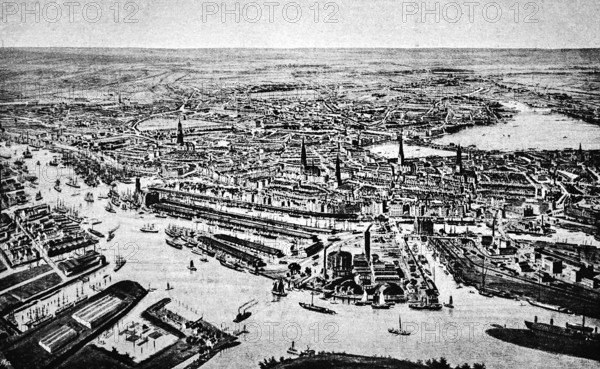 Cityscape of the Free and Hanseatic City of Hamburg on the Elbe, Inner and Outer Alster, harbour basin, Speicherstadt, canals, southern bank of the Elbe, busy shipping traffic, churches, historical illustration 1986
