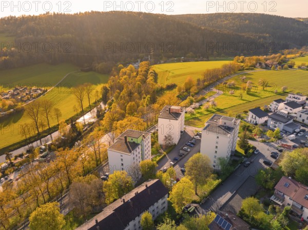 Landscape with high-rise buildings and trees in the sunlight, surrounded by green fields, Nagold, Calw district, Germany